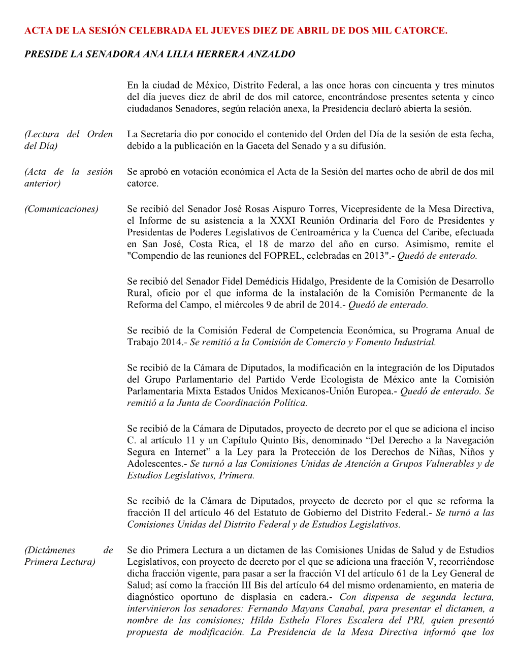 Acta De La Sesión Celebrada El Jueves Diez De Abril De Dos Mil Catorce