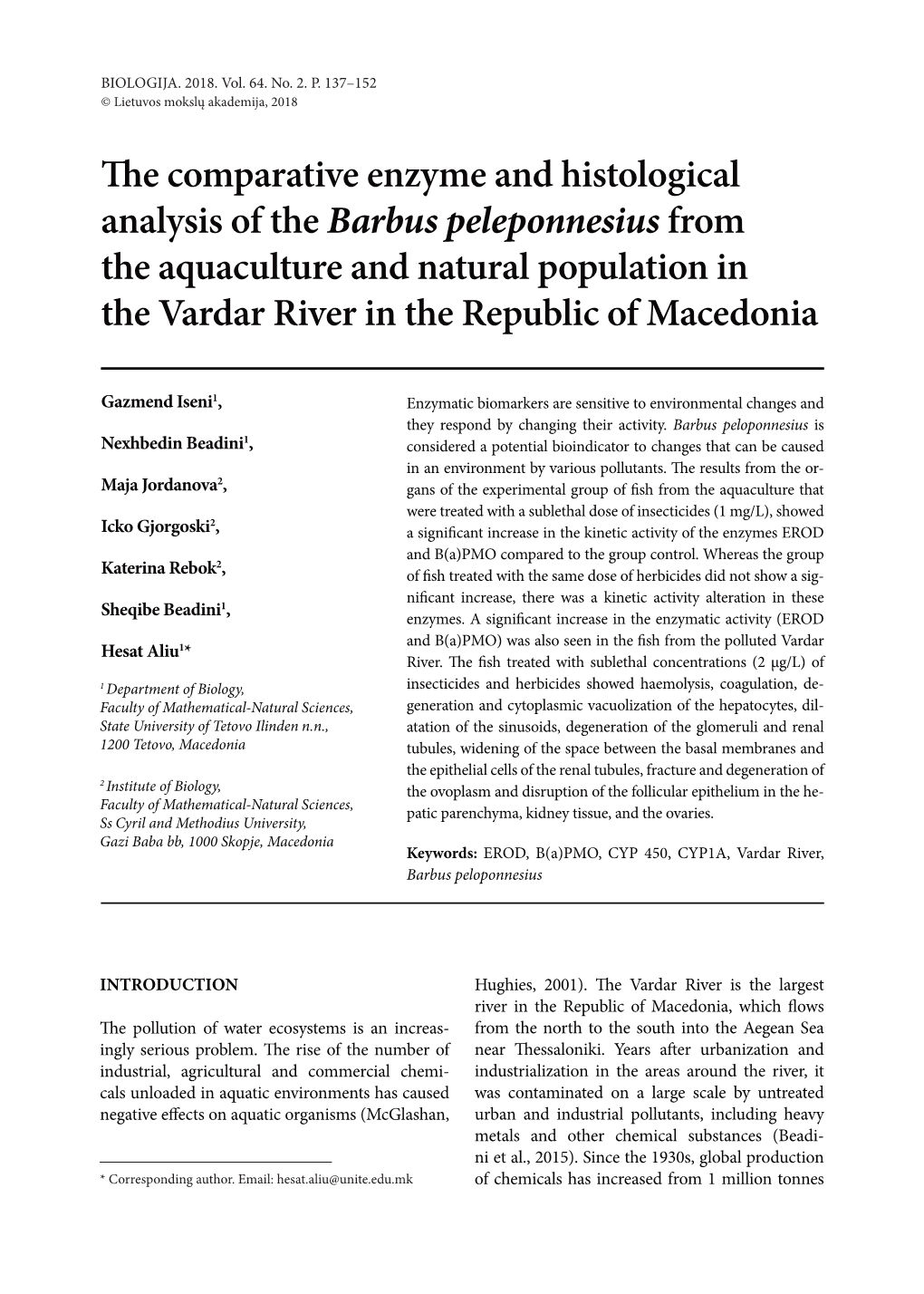 The Comparative Enzyme and Histological Analysis of the Barbus