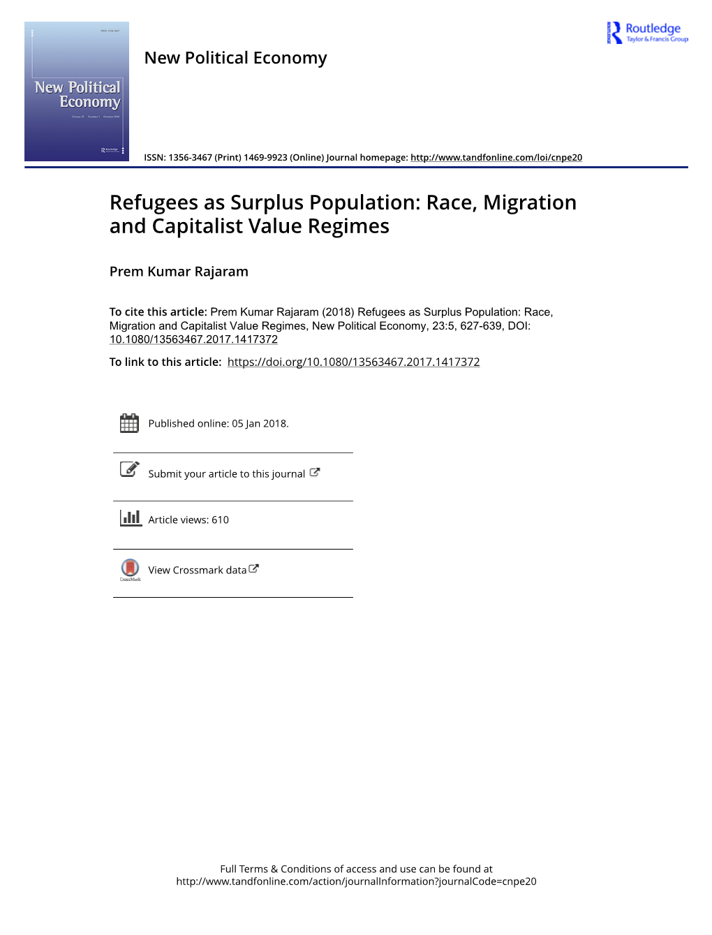 Refugees As Surplus Population: Race, Migration and Capitalist Value Regimes