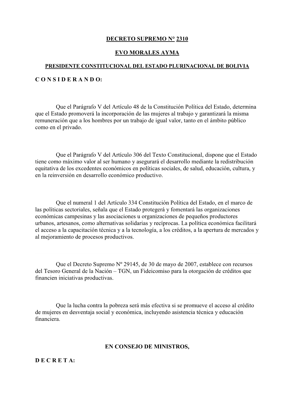 Decreto Supremo N° 2310 Evo Morales Ayma