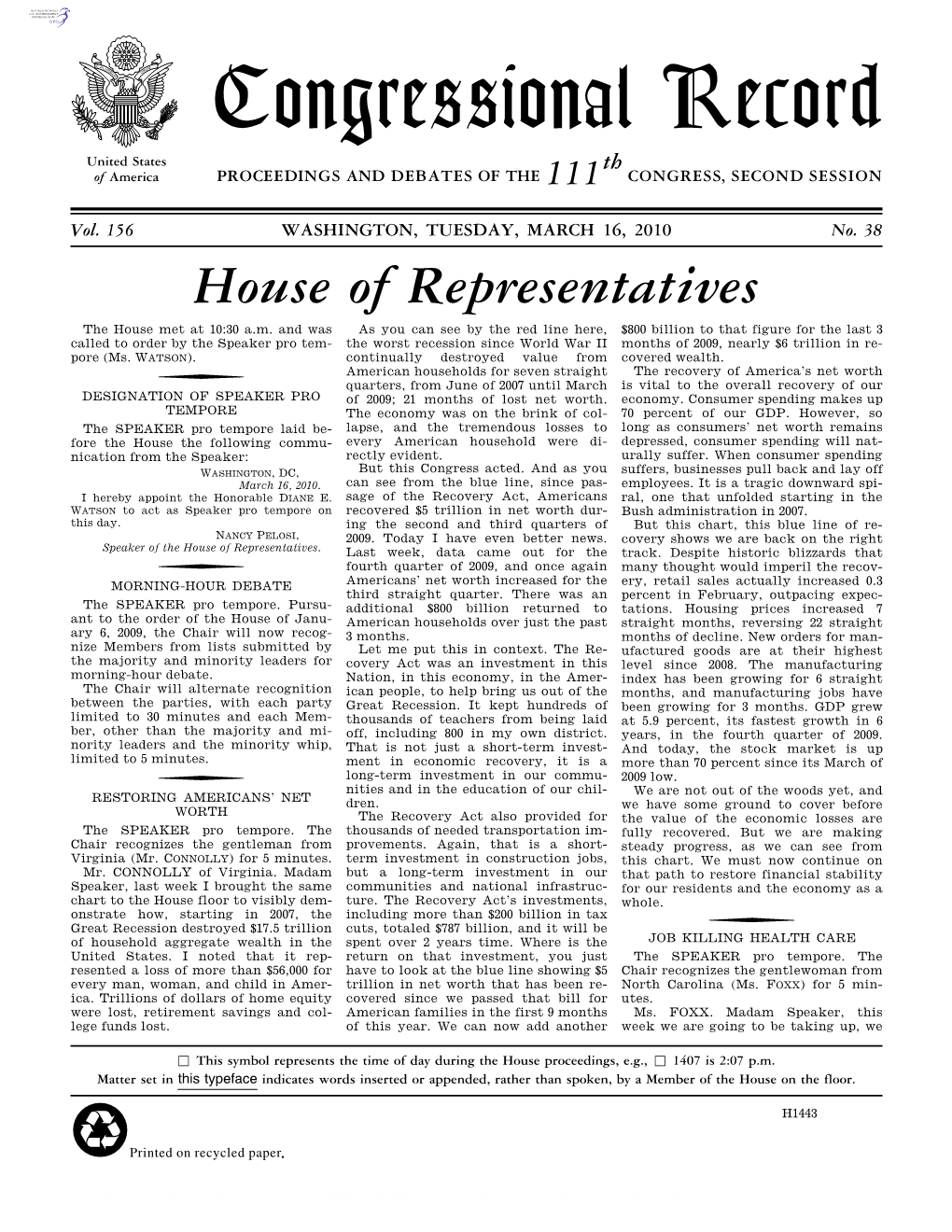 Congressional Record United States Th of America PROCEEDINGS and DEBATES of the 111 CONGRESS, SECOND SESSION