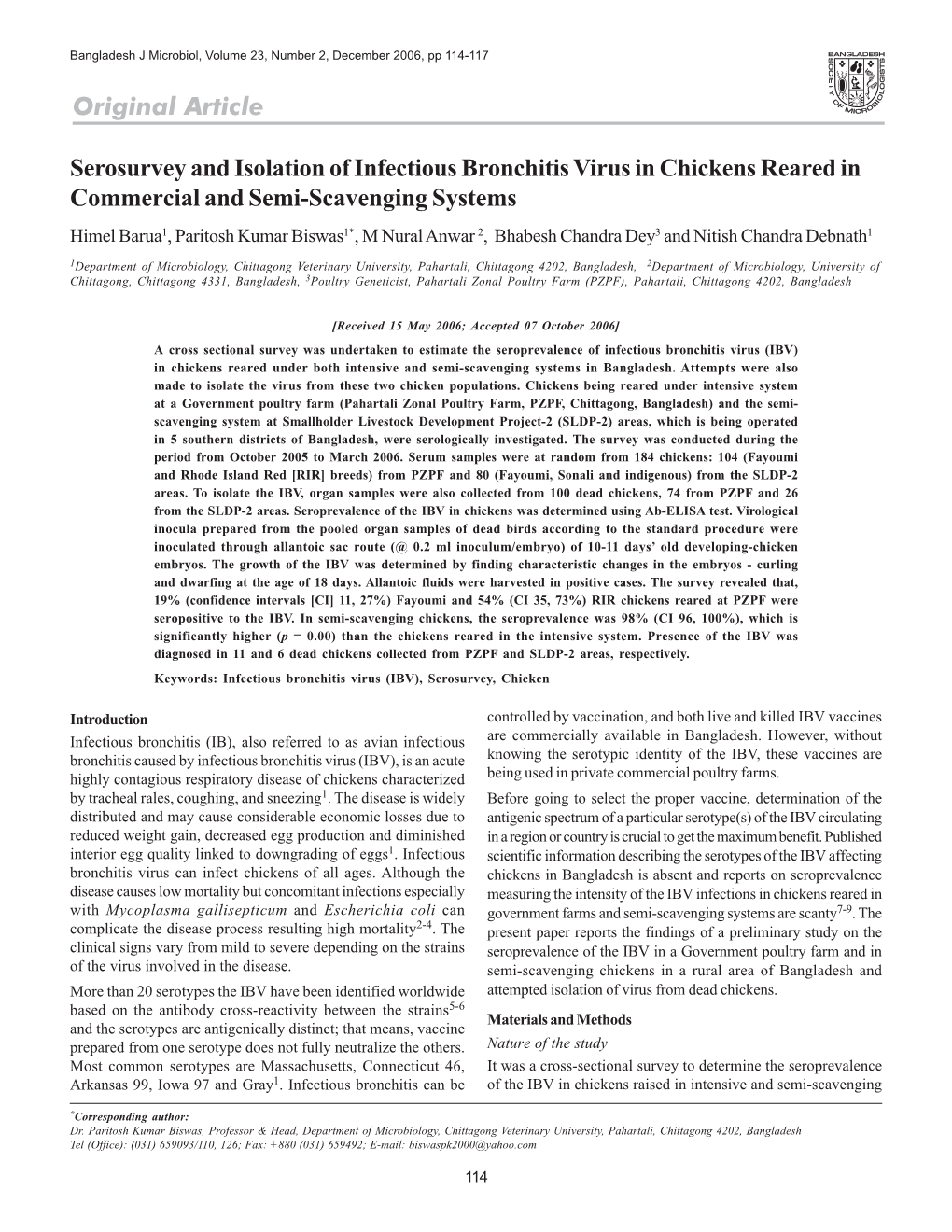 Serosurvey and Isolation of Infectious Bronchitis Virus in Chickens