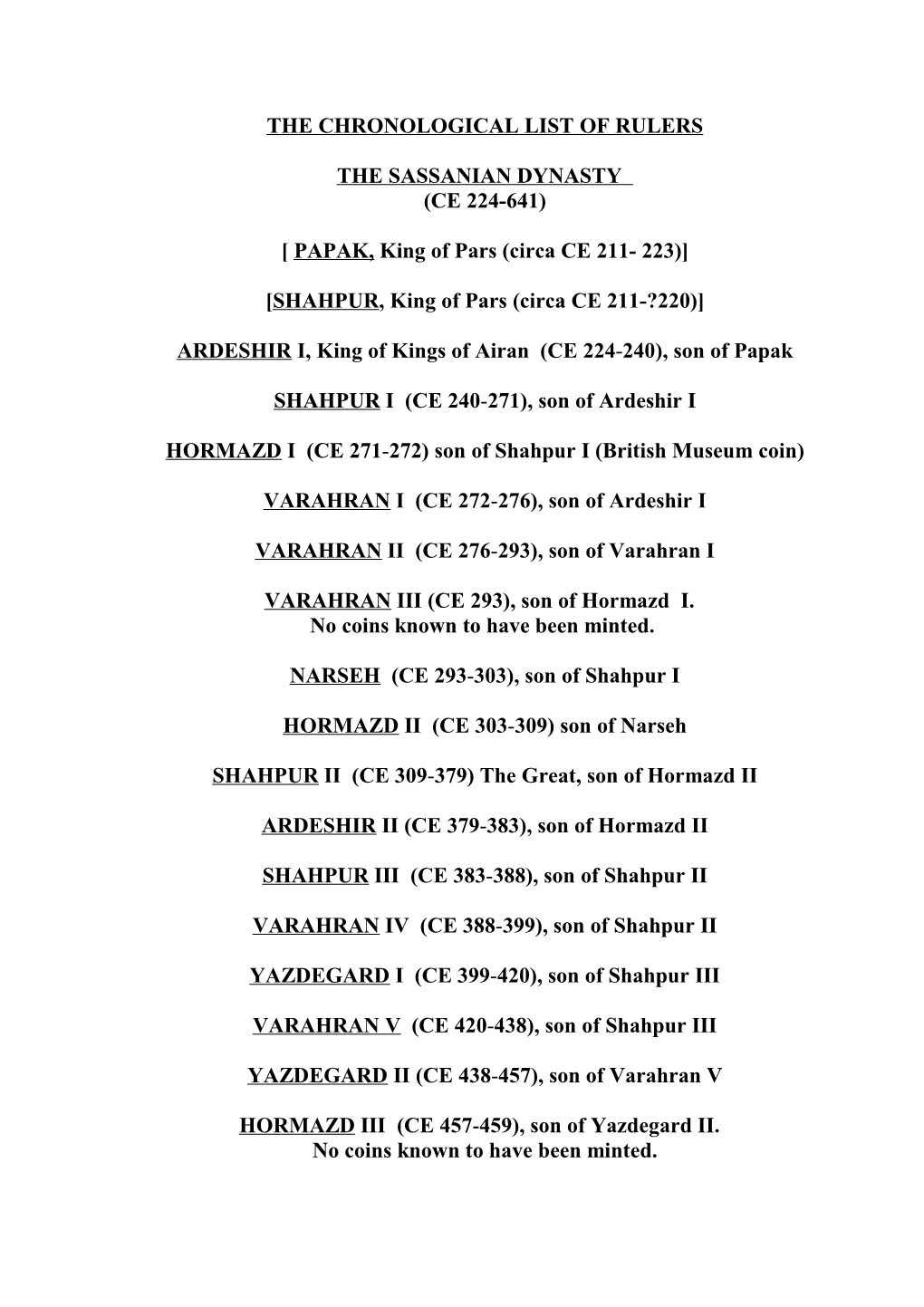 THE CHRONOLOGICAL LIST of RULERS the SASSANIAN DYNASTY (CE 224-641) [ PAPAK, King of Pars (Circa CE 211- 223)] [SHAHPUR, King O