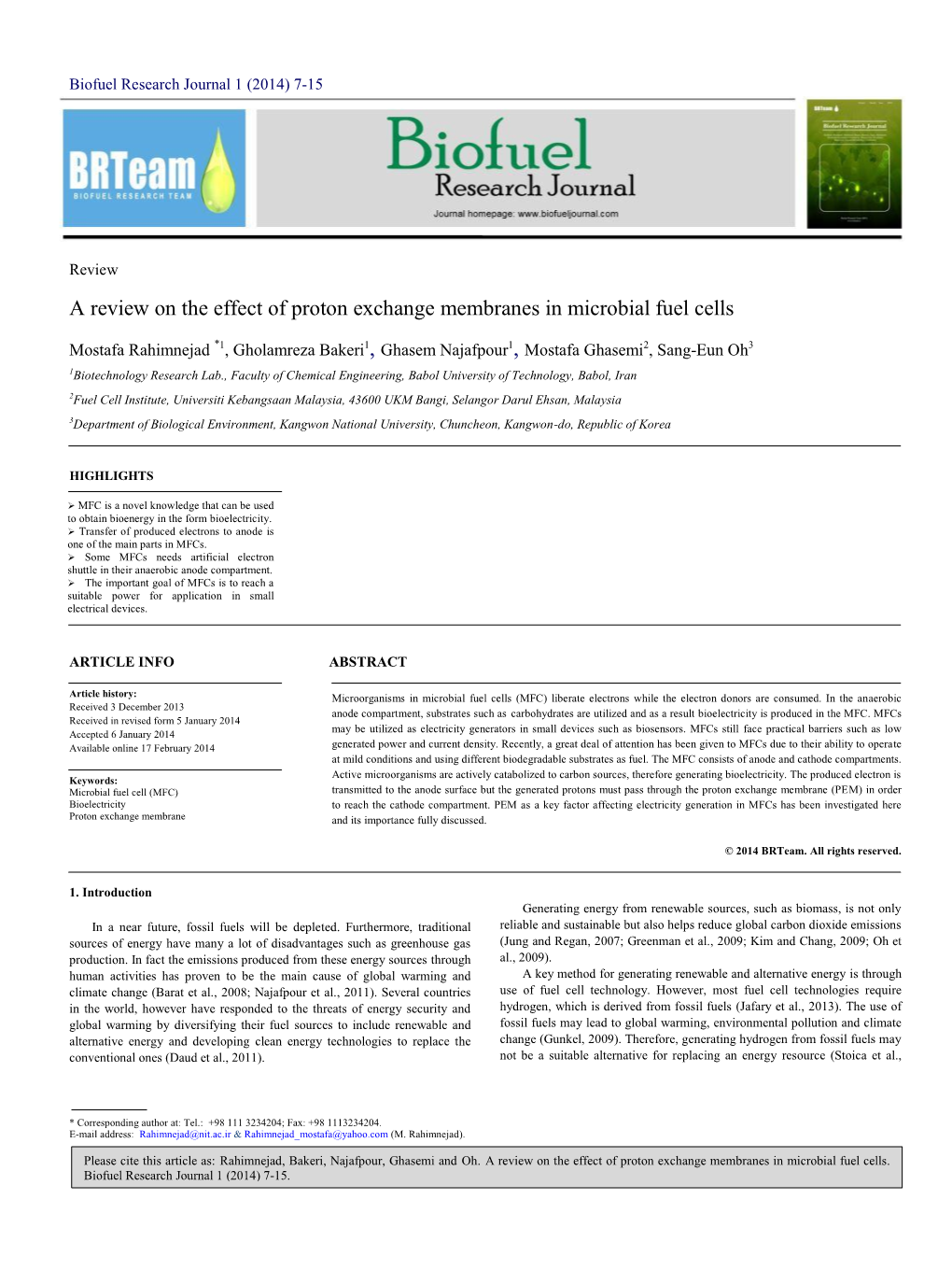 A Review on the Effect of Proton Exchange Membranes in Microbial Fuel Cells