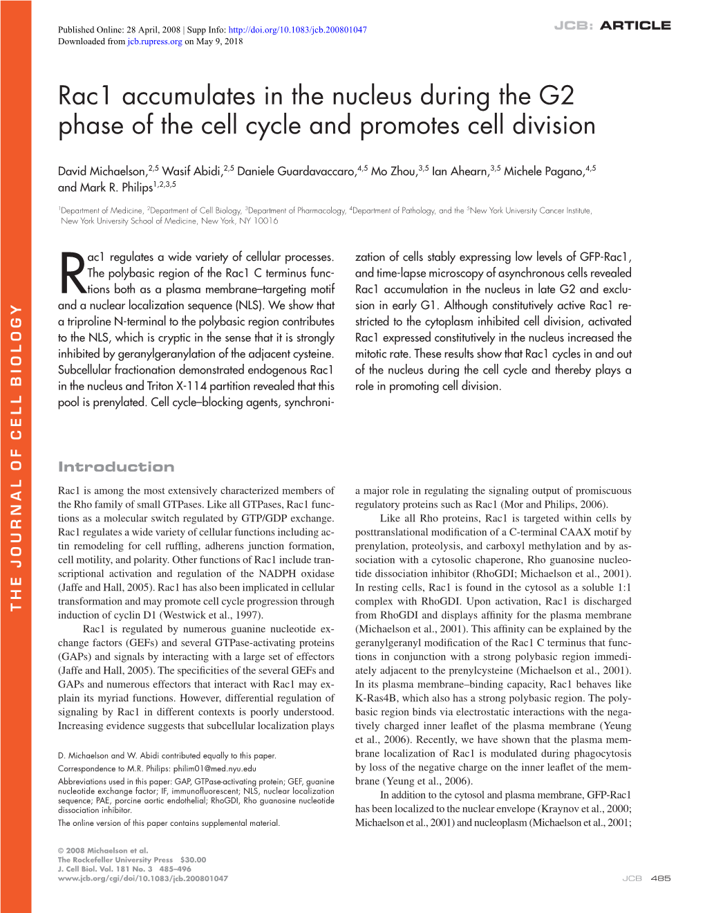 Rac1 Accumulates in the Nucleus During the G2 Phase of the Cell