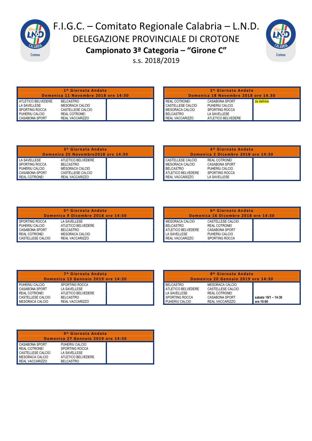 F.I.G.C. – Comitato Regionale Calabria – L.N.D. DELEGAZIONE PROVINCIALE DI CROTONE Campionato 3ª Categoria – �Girone C� S.S