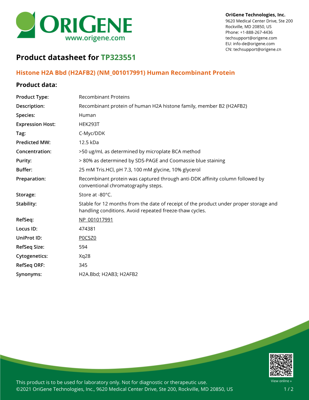 Histone H2A Bbd (H2AFB2) (NM 001017991) Human Recombinant Protein Product Data