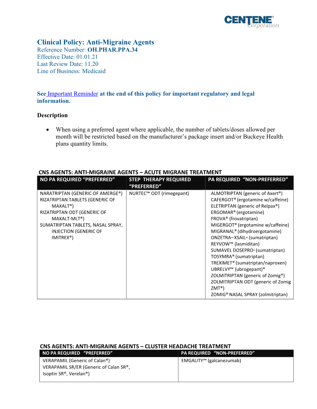 Anti-Migraine Agents Reference Number: OH.PHAR.PPA.34 Effective Date: 01.01.21 Last Review Date: 11.20 Line of Business: Medicaid