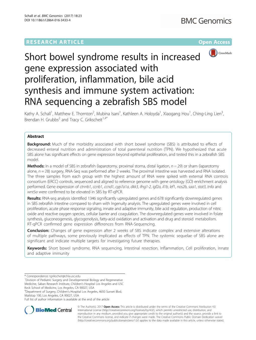 Short Bowel Syndrome Results in Increased Gene Expression