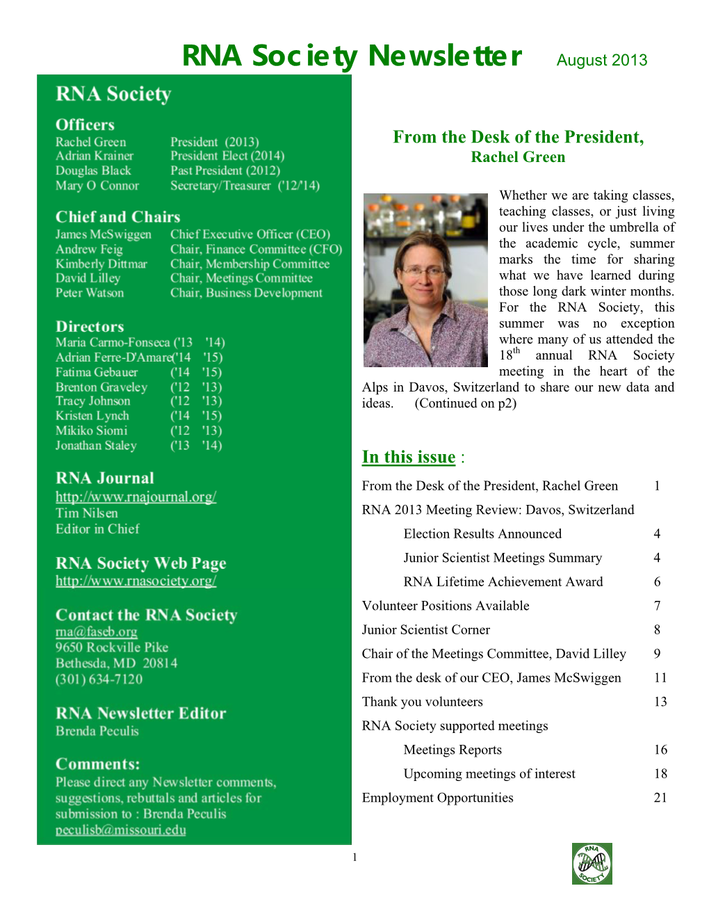 RNA Society Newsletter August 2013