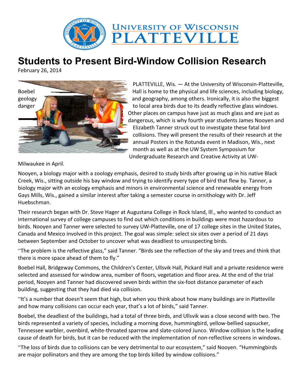 Students to Present Bird-Window Collision Research