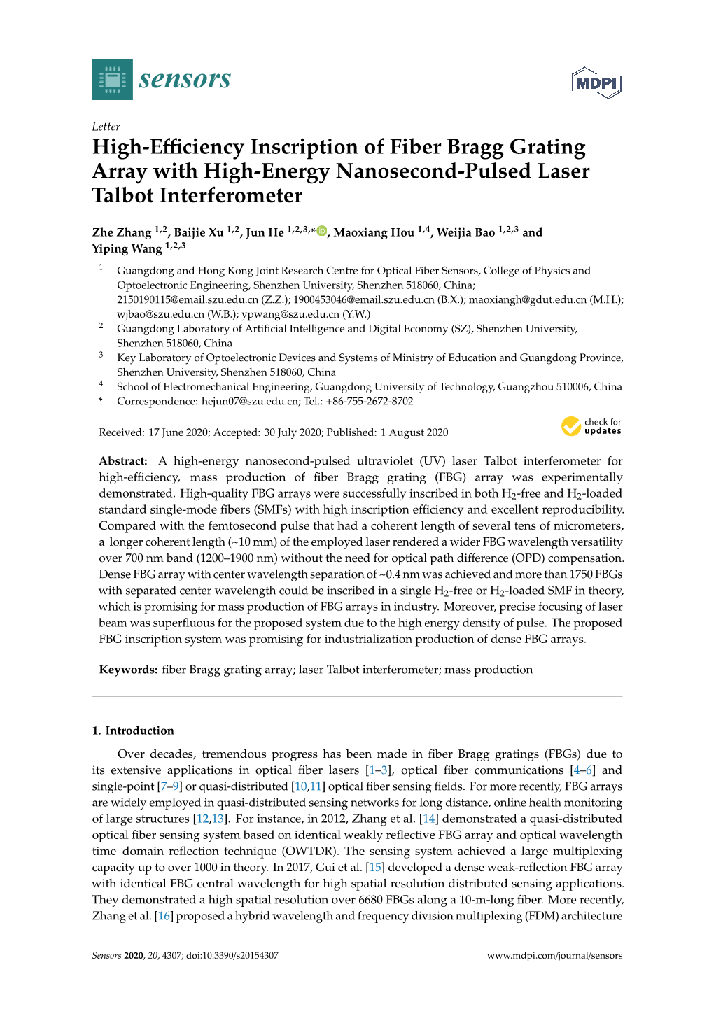 High-Efficiency Inscription of Fiber Bragg Grating Array with High-Energy Nanosecond-Pulsed Laser Talbot Interferometer