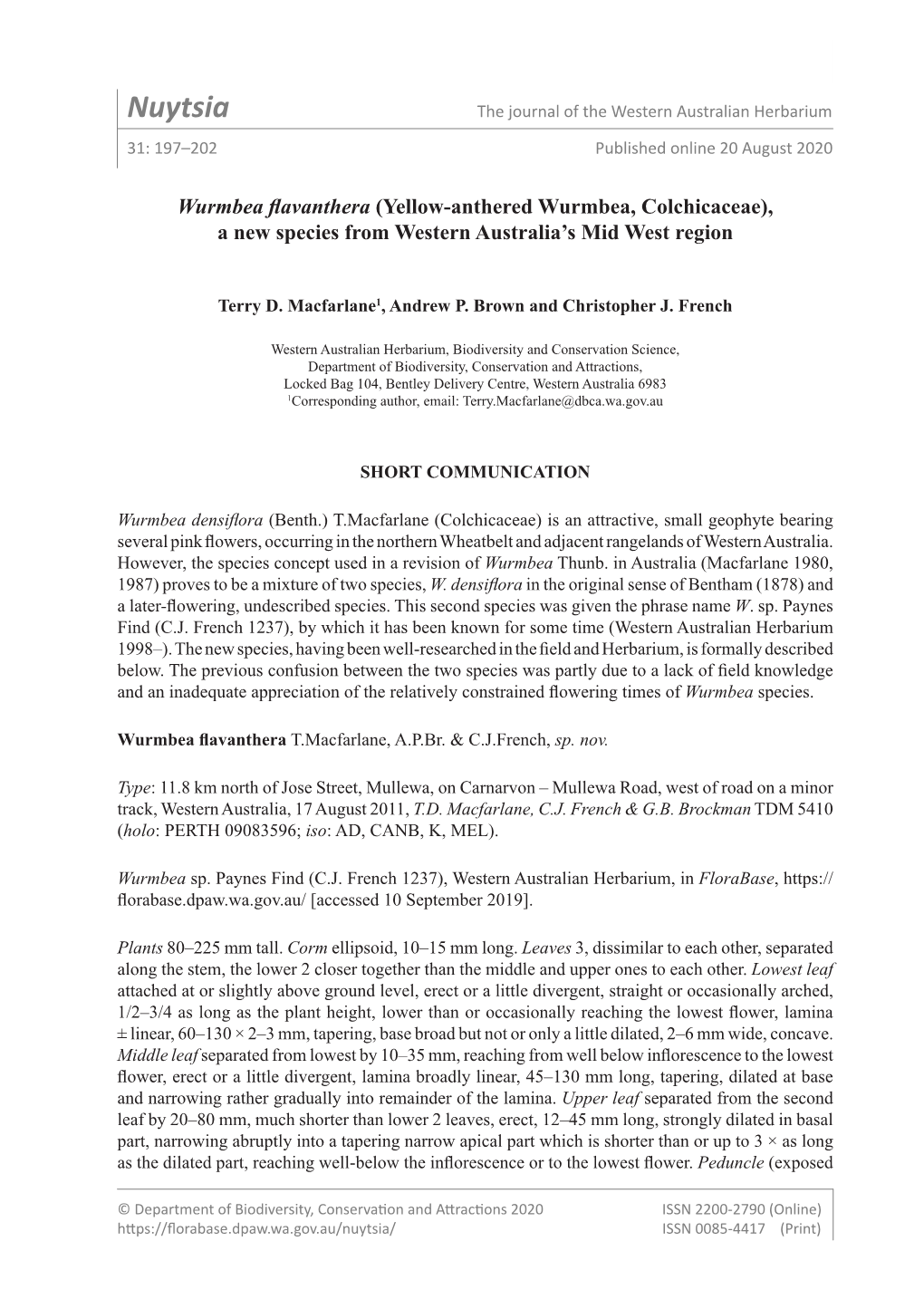 Nuytsia the Journal of the Western Australian Herbarium 31: 197–202 Published Online 20 August 2020