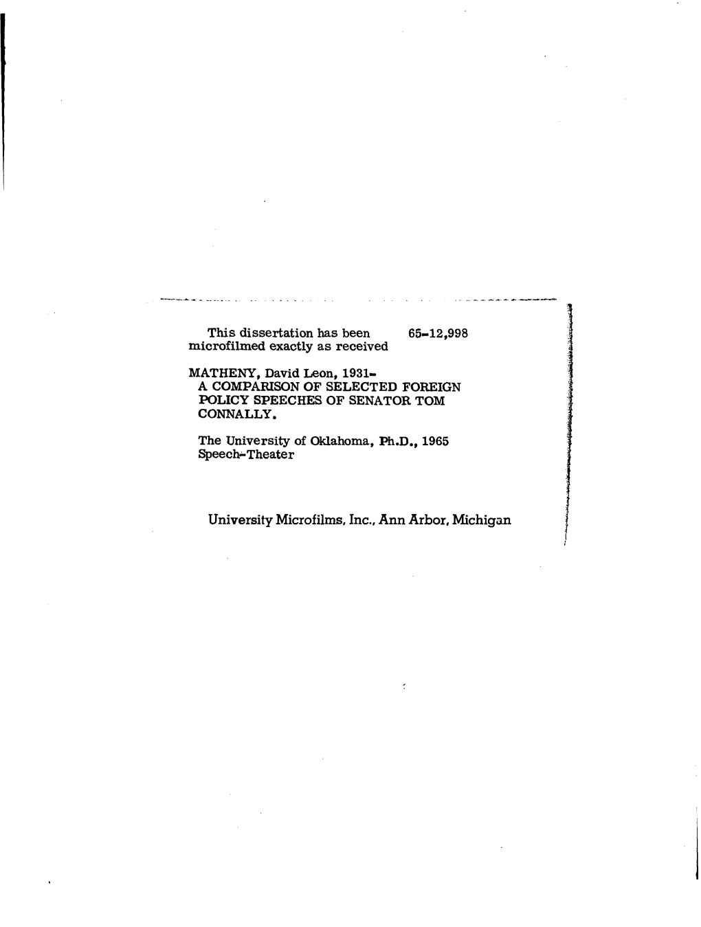 University Microfilms. Inc., Ann Arbor, Michigan the UNIVERSITY of OKLAHOMA