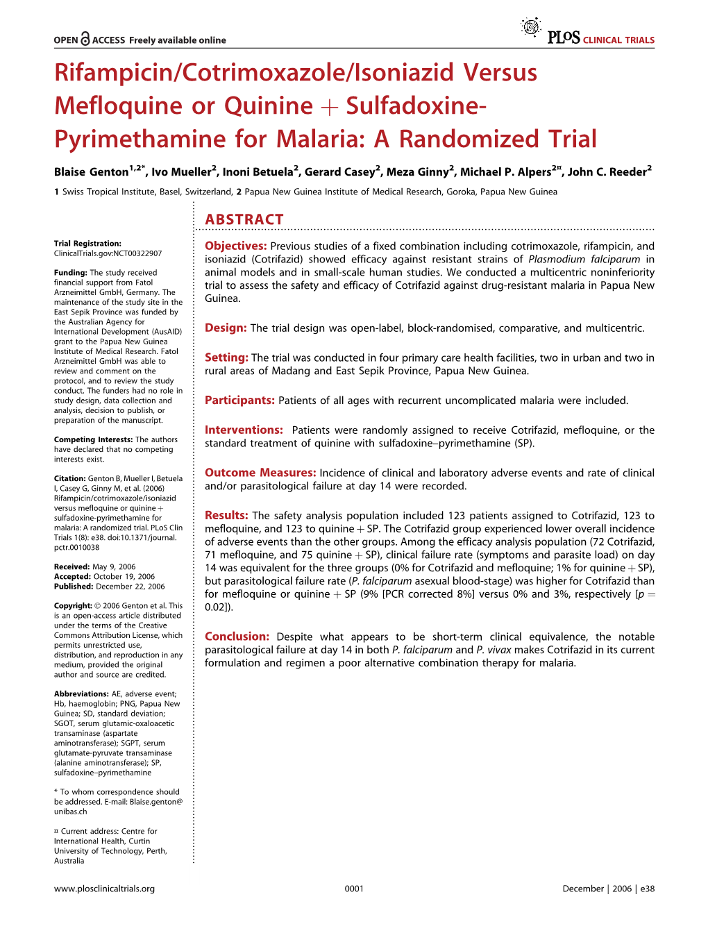 Rifampicin/Cotrimoxazole/Isoniazid Versus Mefloquine Or Quinine Þ Sulfadoxine- Pyrimethamine for Malaria: a Randomized Trial
