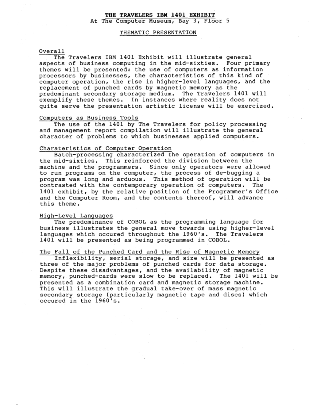 The Travelers IBM 1401 Exhibit Thematic Presentation, June 1984