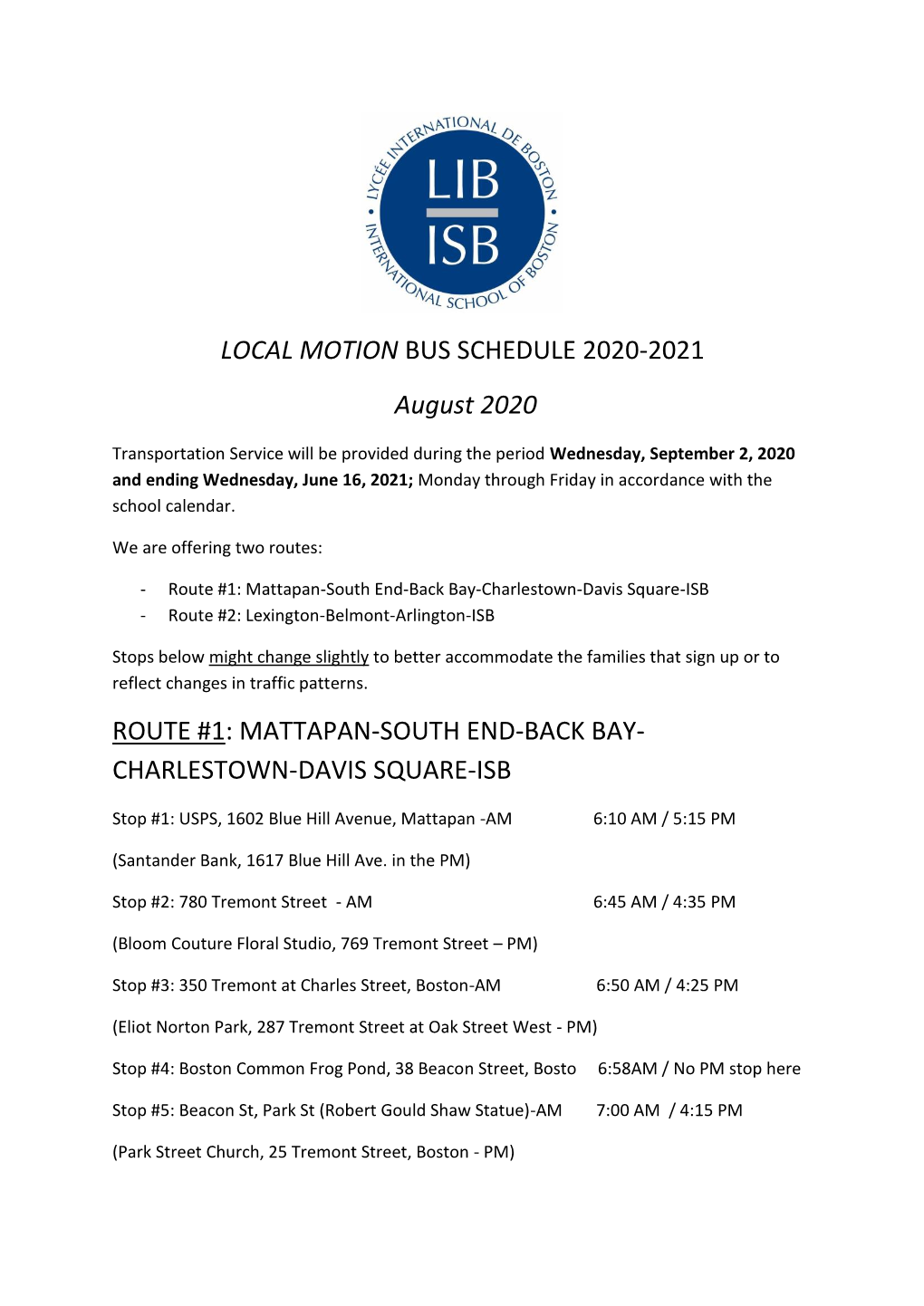 LOCAL MOTION BUS SCHEDULE 2020-2021 August 2020