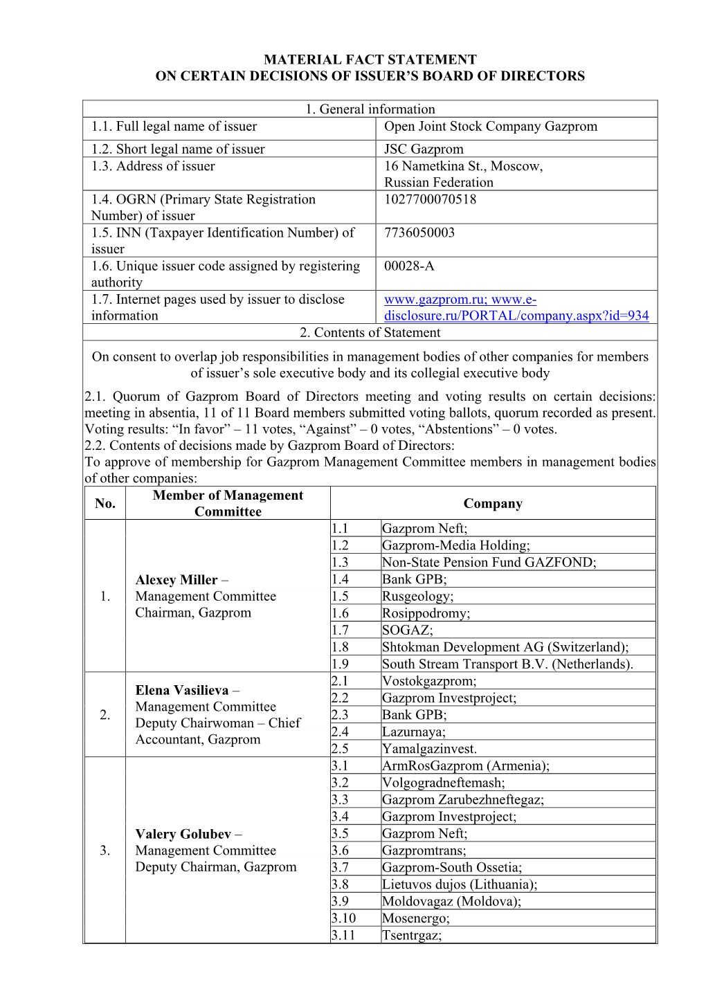 Material Fact Statement on Certain Decisions of Issuer’S Board of Directors