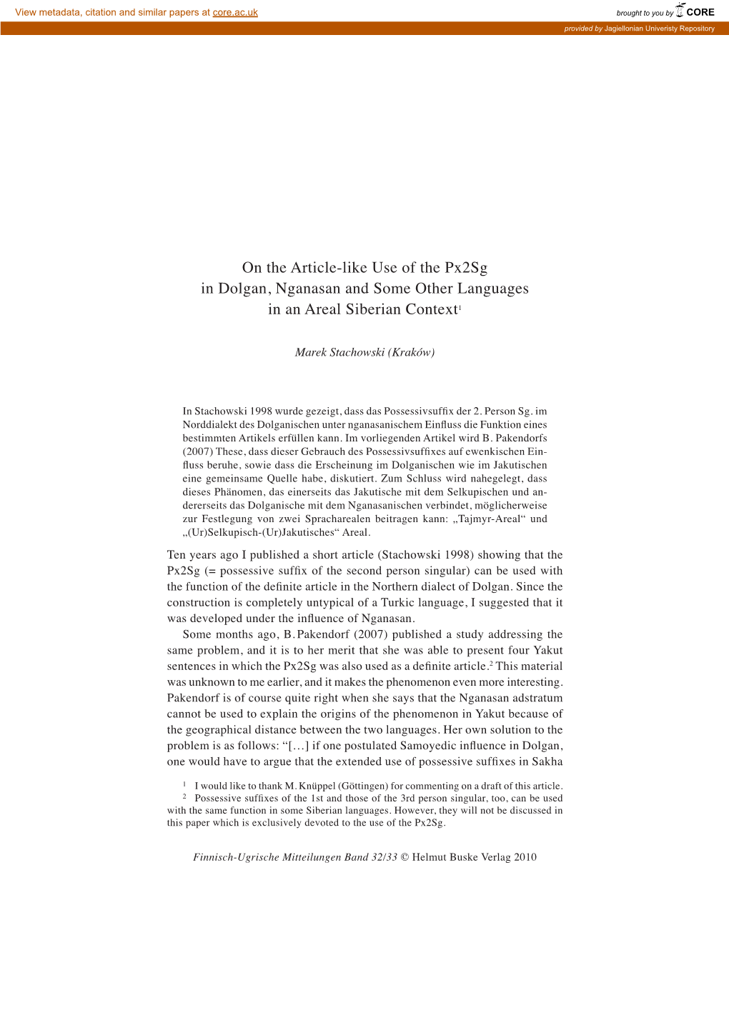 On the Article-Like Use of the Px2sg in Dolgan, Nganasan and Some Other Languages in an Areal Siberian Context1