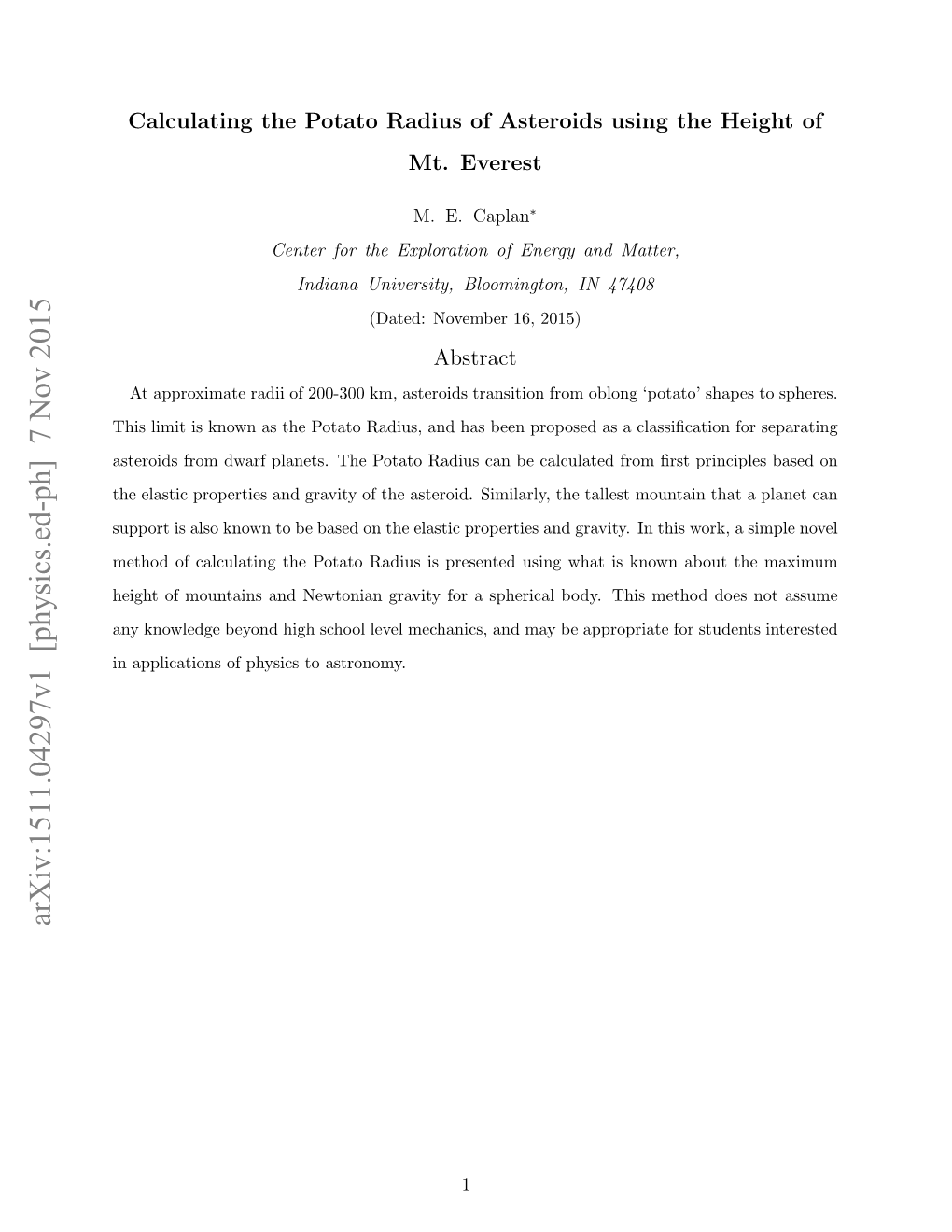 Calculating the Potato Radius of Asteroids Using the Height of Mt. Everest