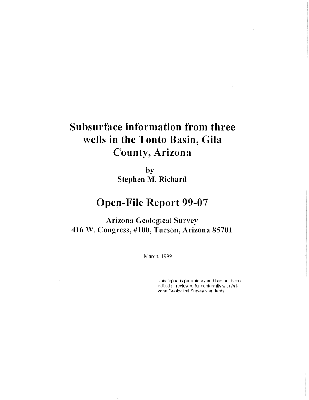 Subsurface Information from Three Wells in the Tonto Basin, Gila County, Arizona by Stephen M