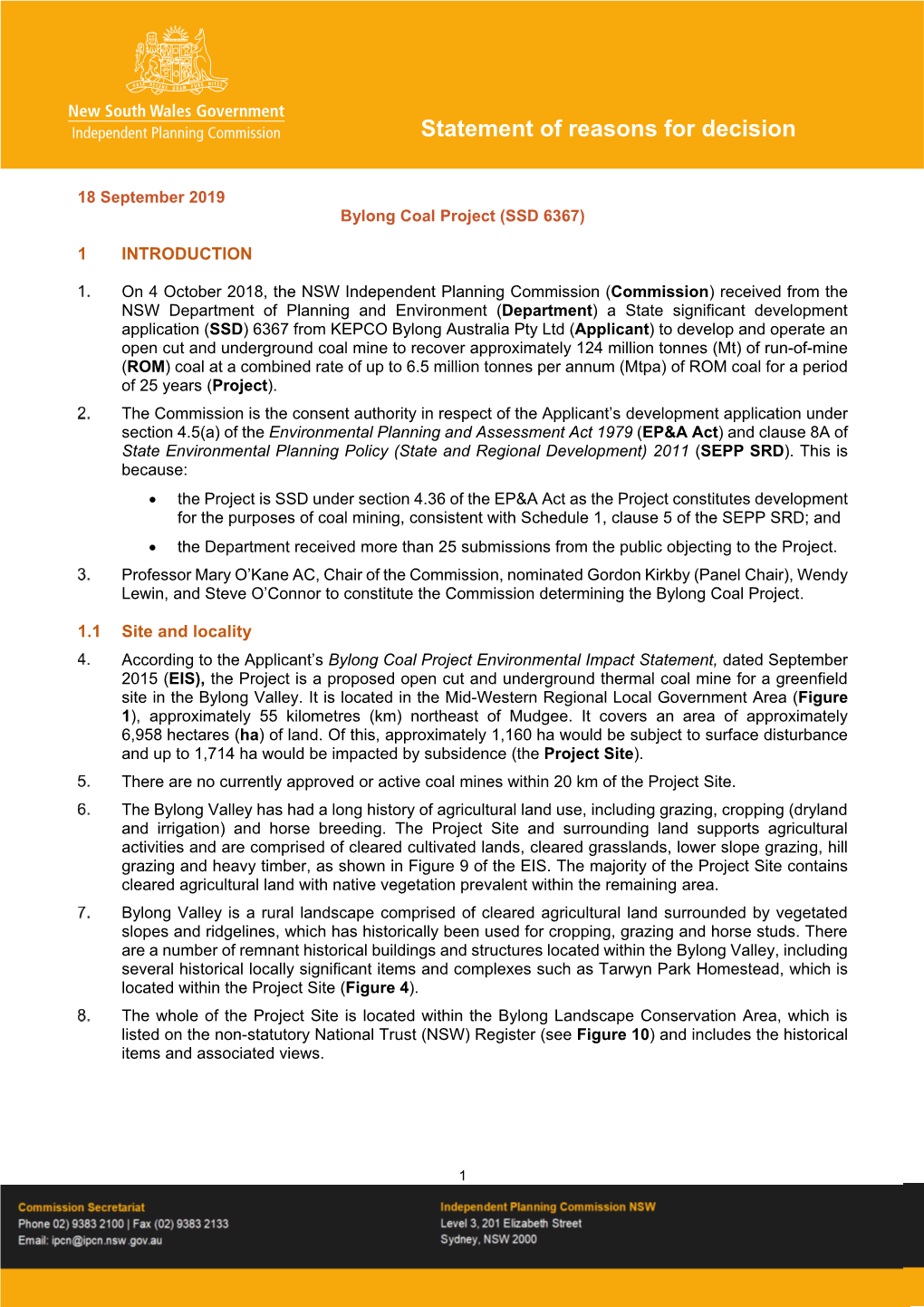 Bylong Coal Project SSD 6367 Statement of Reasons for Decision