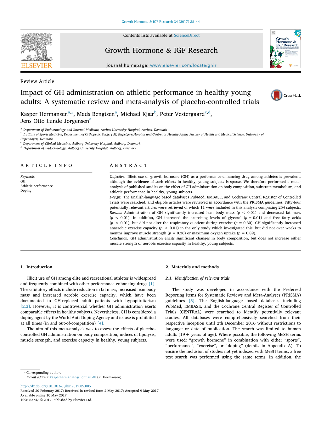 Impact of GH Administration on Athletic Performance in Healthy Young Adults: a Systematic Review and Meta-Analysis of Placebo-Controlled Trials MARK