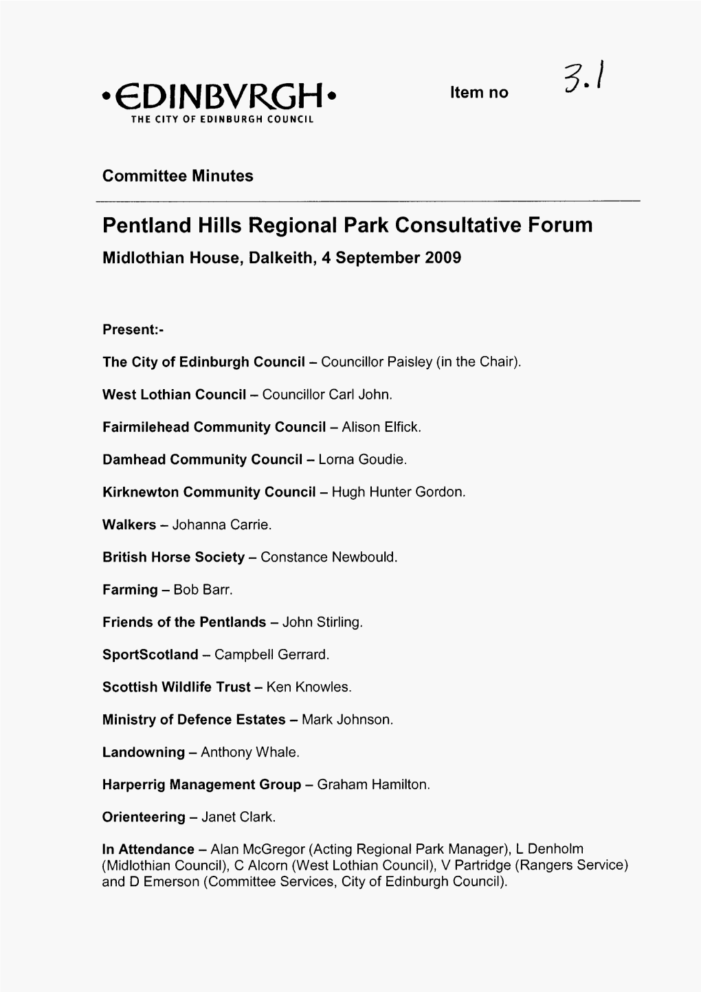 Pentland Hills Regional Park Consultative Forum 4 September 2009