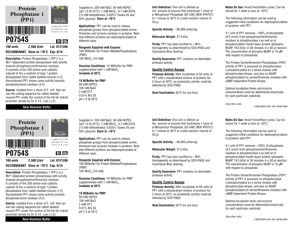 Datasheet for Protein Phosphatase 1 (PP1) (P0754; Lot 0121306)