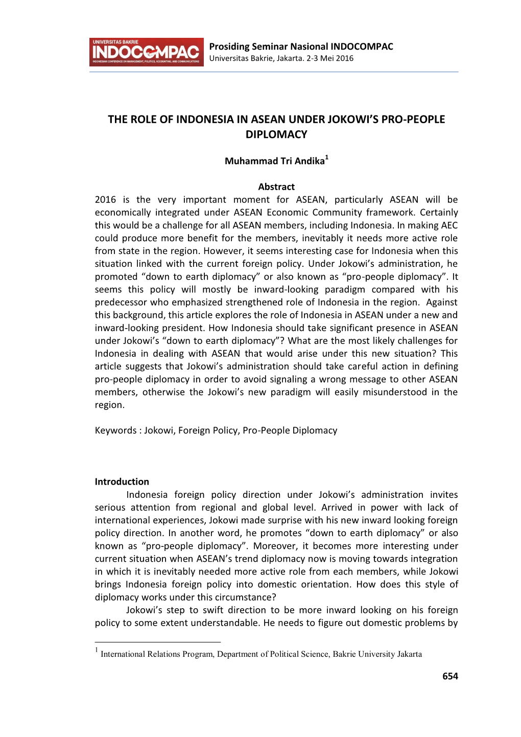 The Role of Indonesia in Asean Under Jokowi's Pro-People Diplomacy