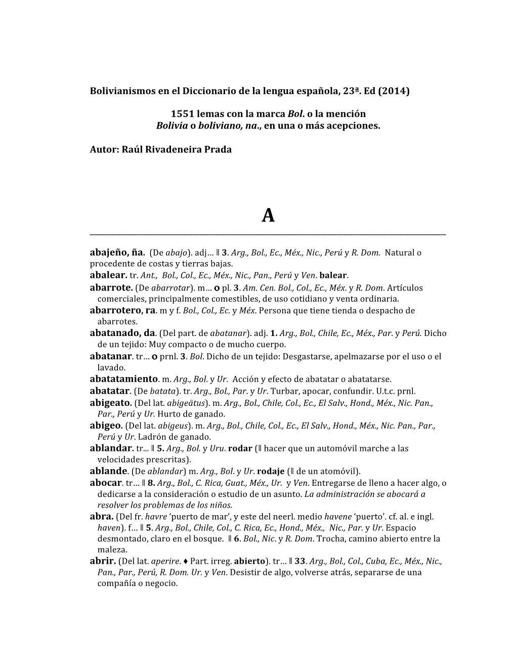 Bolivianismos En El Diccionario De La Lengua Española, 23ª. Ed (2014)