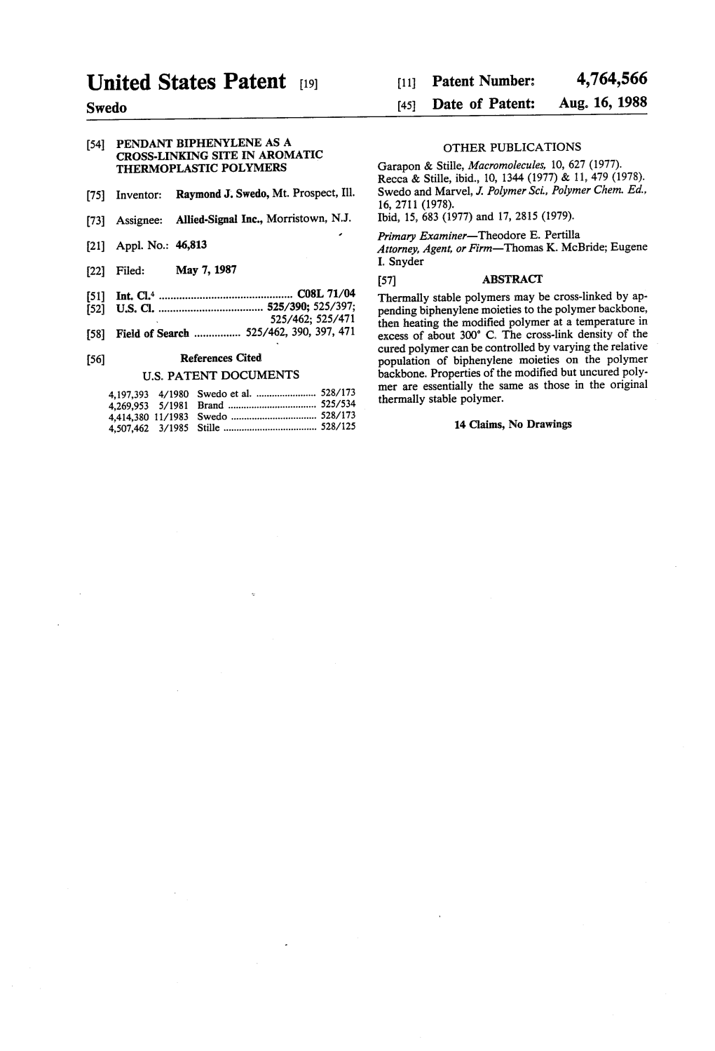 United States Patent (19) 11 Patent Number: 4,764,566 Swedo (45