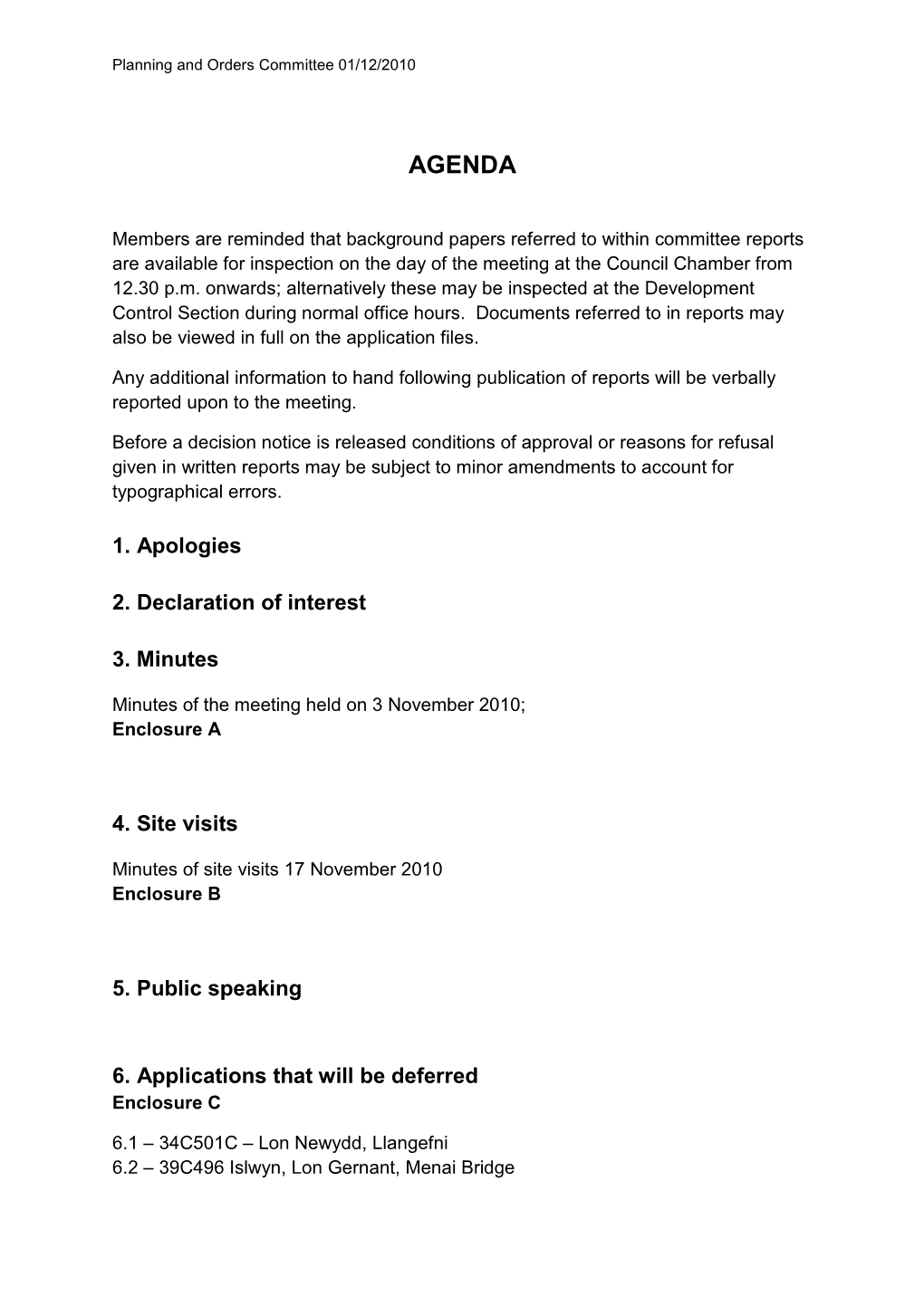 Planning and Orders Committee Agenda 01/12/2010