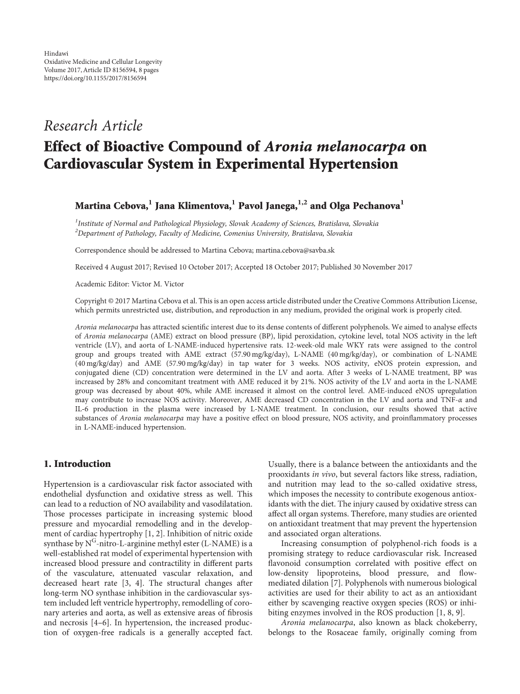 Effect of Bioactive Compound of Aronia Melanocarpa on Cardiovascular System in Experimental Hypertension