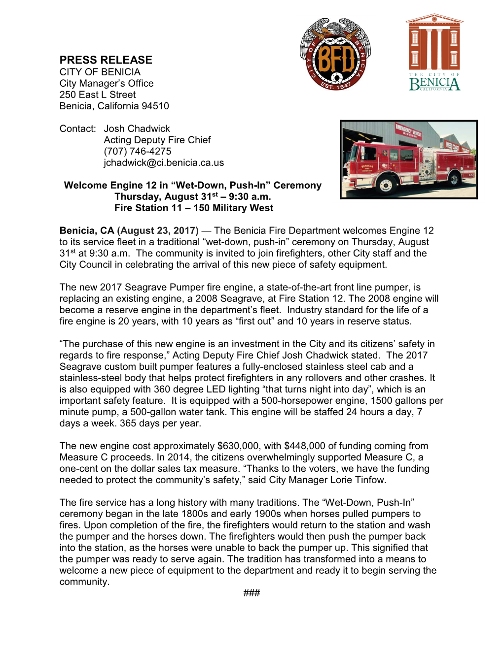 PRESS RELEASE CITY of BENICIA City Manager’S Office 250 East L Street Benicia, California 94510