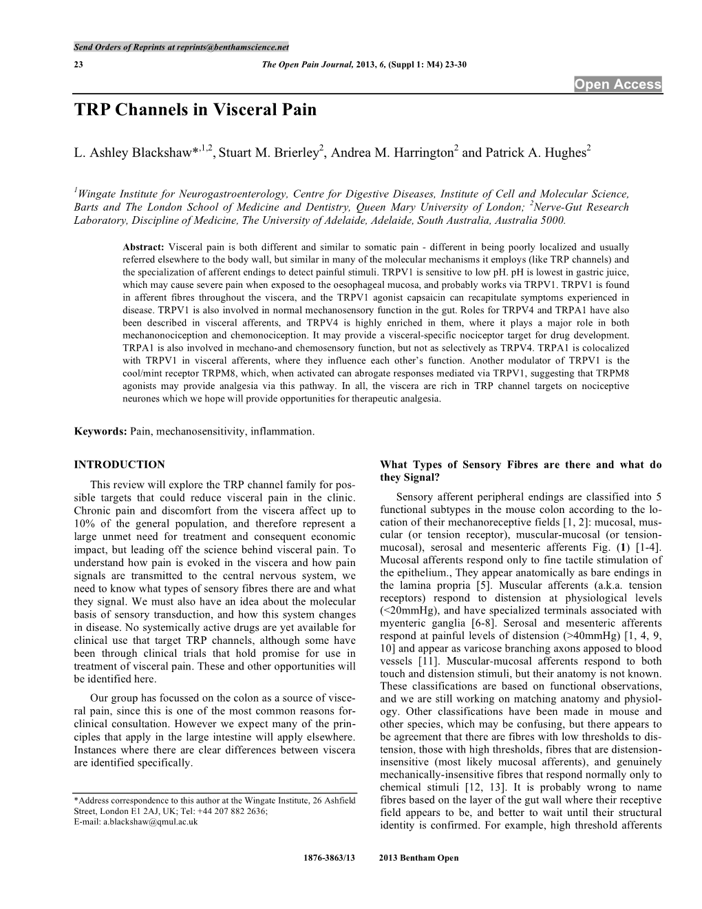 TRP Channels in Visceral Pain