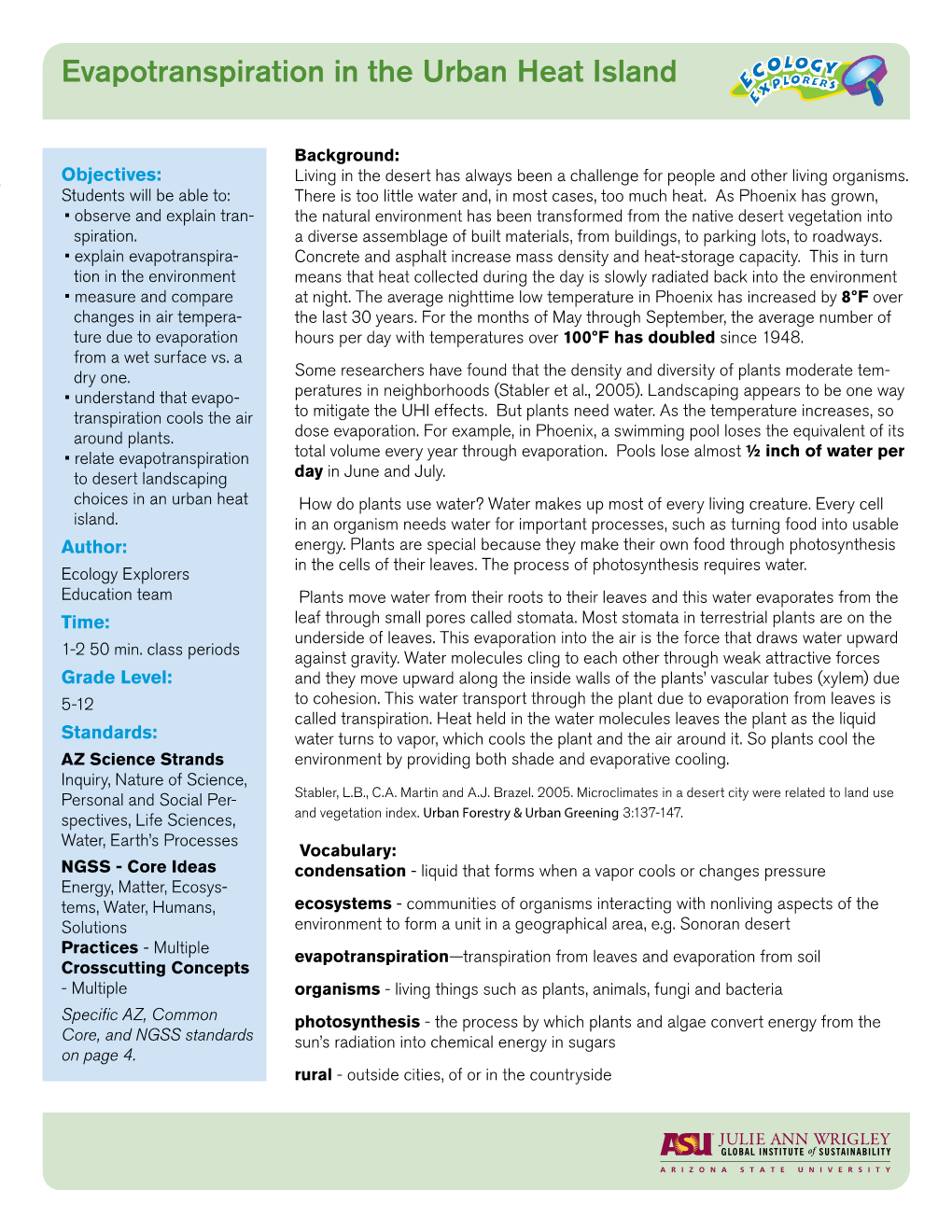 Evapotranspiration in the Urban Heat Island Students Will Be Able To: Explain Transpiration in Plants