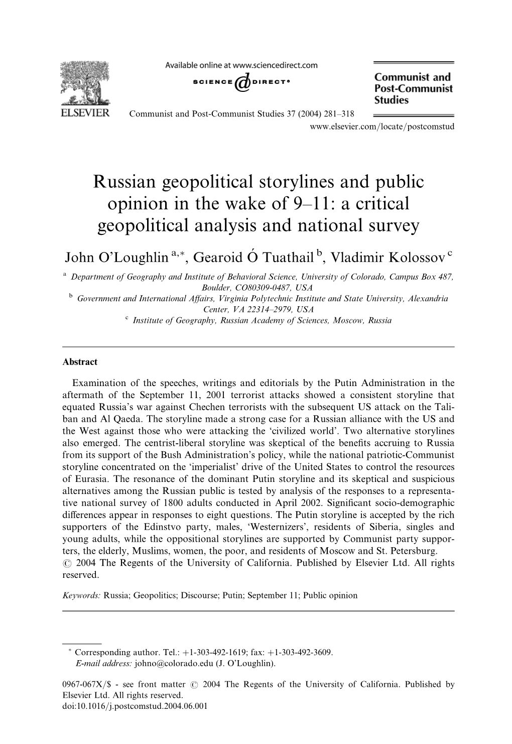 Russian Geopolitical Storylines and Public Opinion in the Wake of 9–11: a Critical Geopolitical Analysis and National Survey