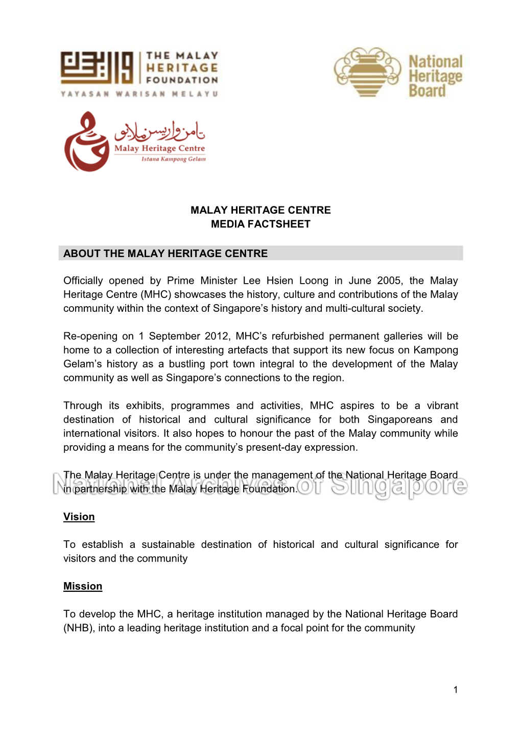 Malay Heritage Centre Media Factsheet