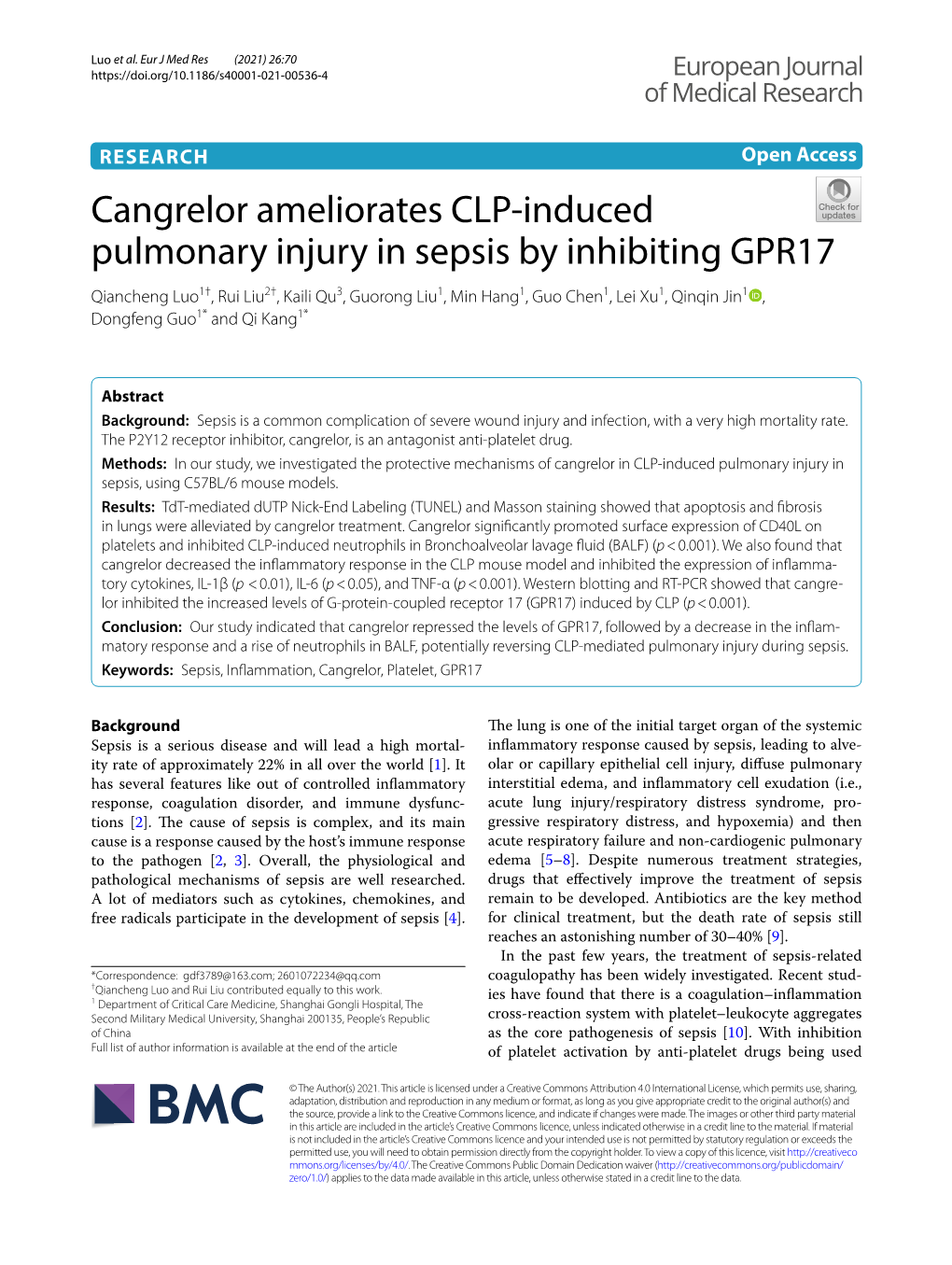 Cangrelor Ameliorates CLP-Induced Pulmonary Injury in Sepsis By