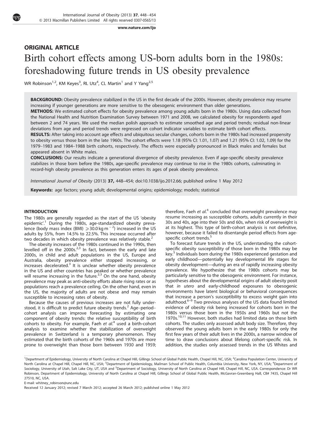 Birth Cohort Effects Among US-Born Adults Born in the 1980S: Foreshadowing Future Trends in US Obesity Prevalence