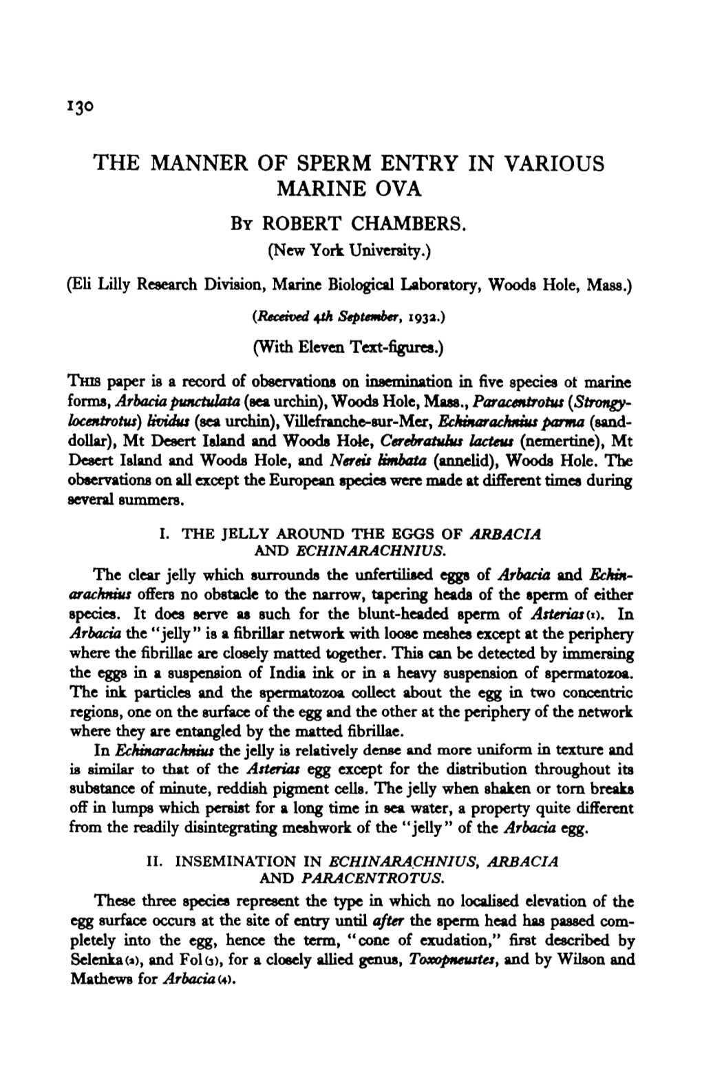 The Manner of Sperm Entry in Various Marine Ova by Robert Chambers