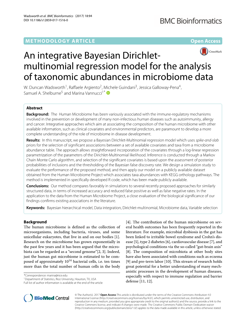 An Integrative Bayesian Dirichlet-Multinomial Regression Model for the Analysis of Taxonomic Abundances in Microbiome Data