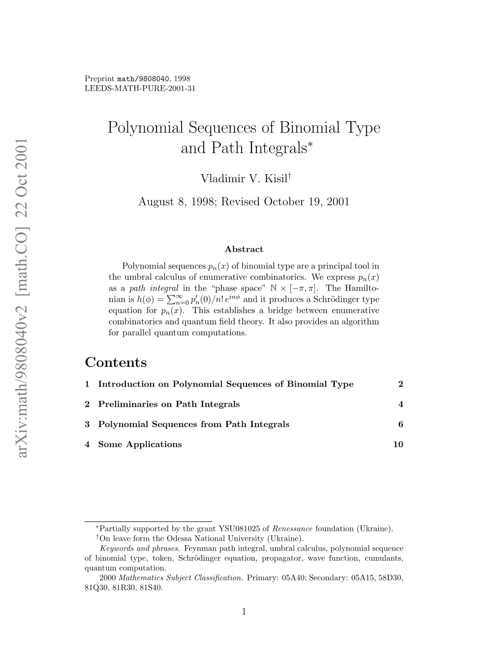 Polynomial Sequences of Binomial Type and Path Integrals