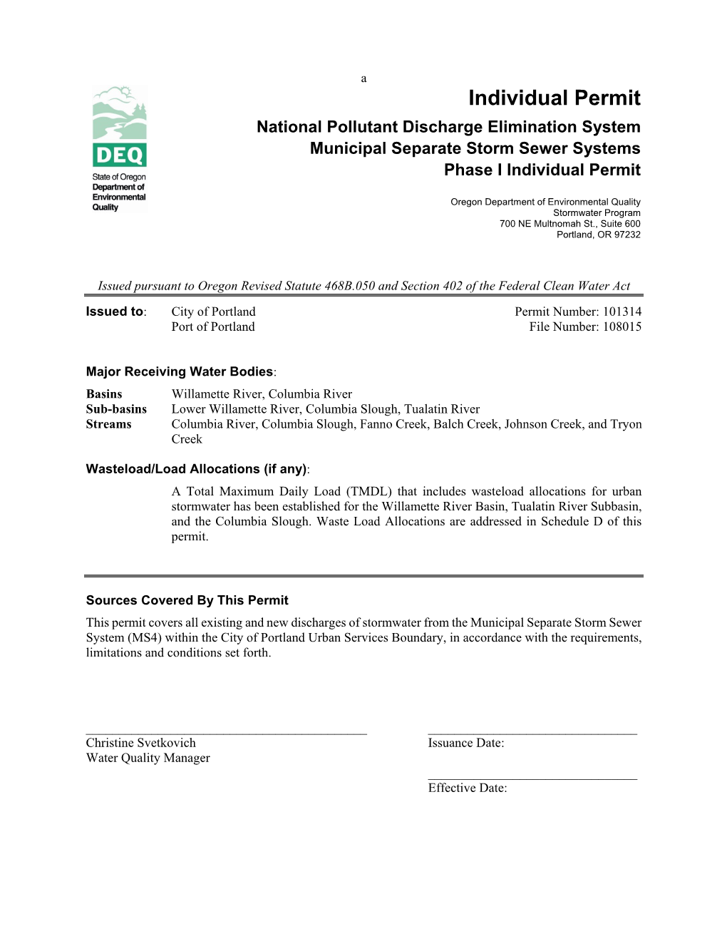 Individual Permit National Pollutant Discharge Elimination System Municipal Separate Storm Sewer Systems Phase I Individual Permit