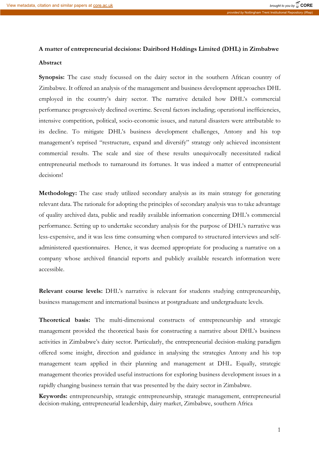 Dairibord Holdings Limited (DHL) in Zimbabwe