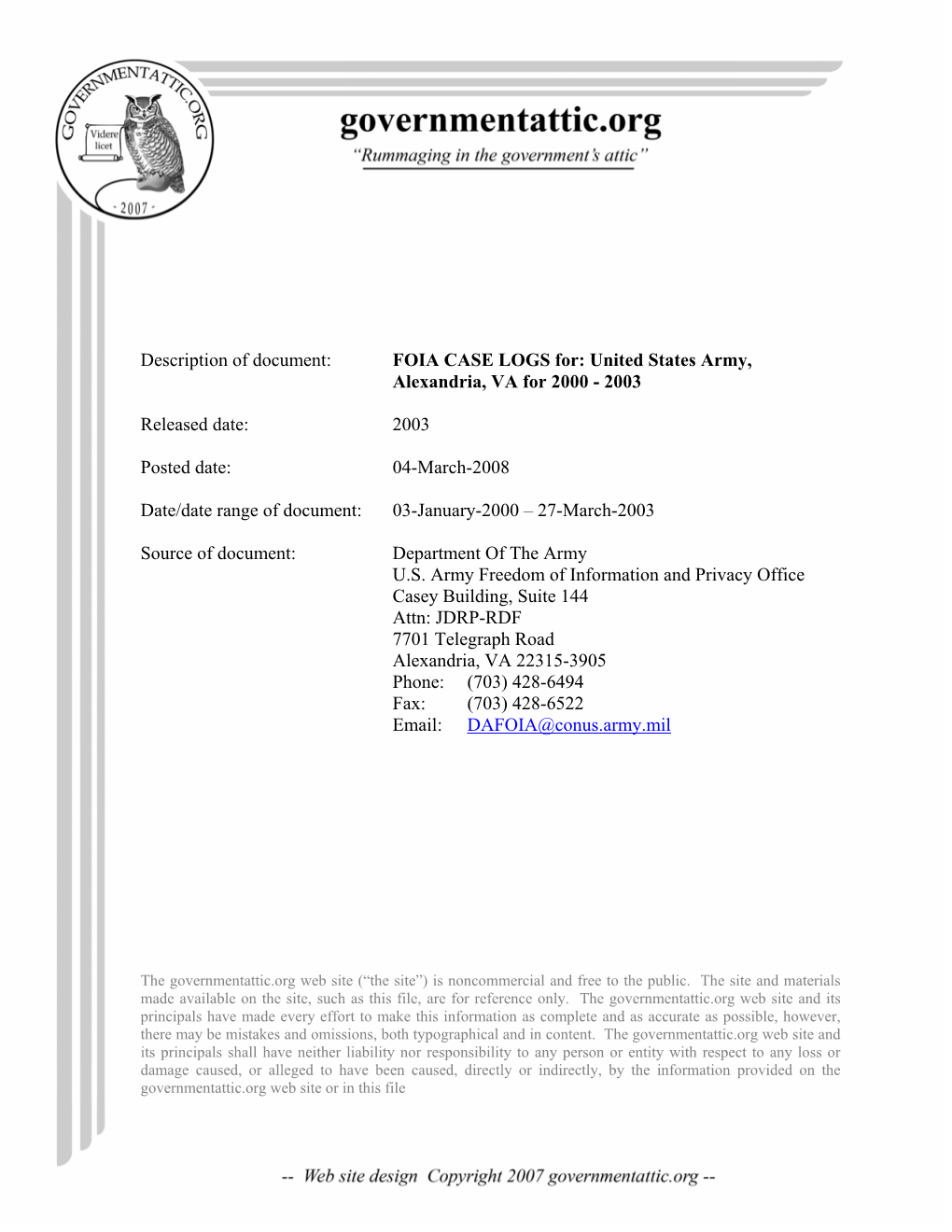 FOIA Logs for US Army for 2000