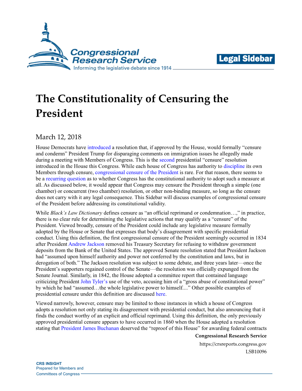 The Constitutionality of Censuring the President