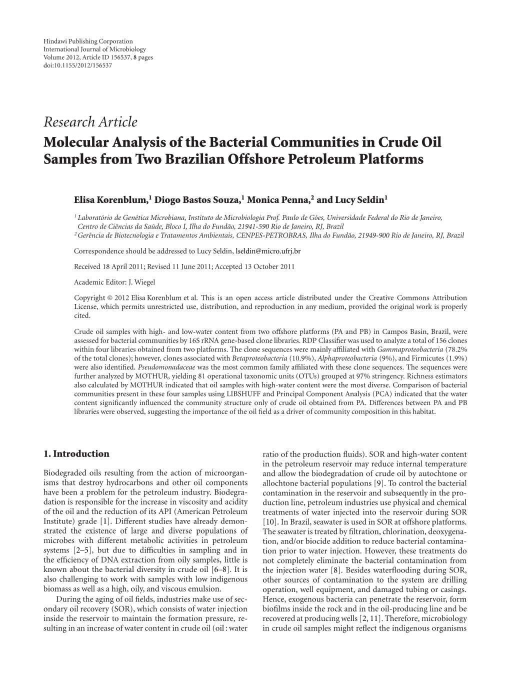 Molecular Analysis of the Bacterial Communities in Crude Oil Samples from Two Brazilian Offshore Petroleum Platforms