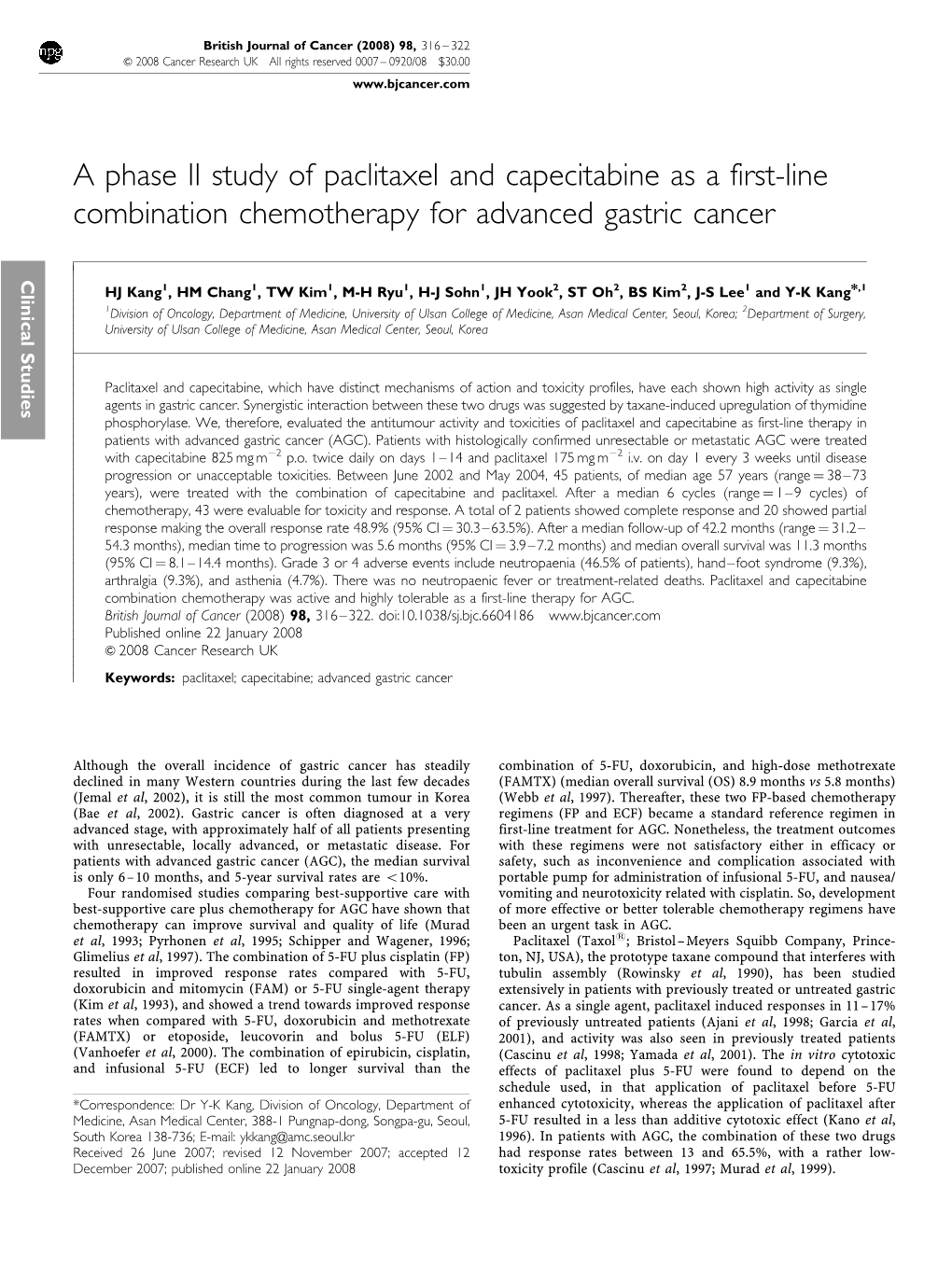 A Phase II Study of Paclitaxel and Capecitabine As a First-Line Combination Chemotherapy for Advanced Gastric Cancer